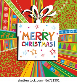 Christmas card. gift box  on colorful background. Vector Illustration