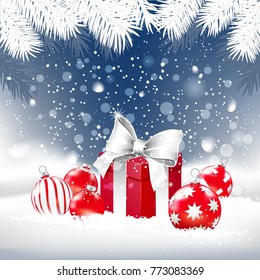 Christmas card with gift box and red balls in the snow and spruce branches. Vector illustration.