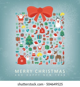 Christmas card with gift box sillhouette and christmas decoration elements. Vector illustration