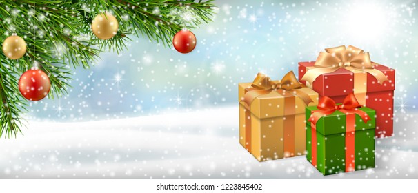Christmas card with gift box, christmas tree branch on winter landscape. Template for banner, webpage or sale promotion.