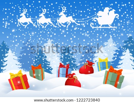 Christmas card with gift boxes against winter forest background and Santa Claus in sleigh with reindeer team flying in the sky. New Year design postcard. 