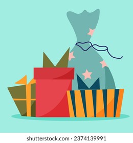 Christmas card, gift boxes and bag. Vector flat illustration.