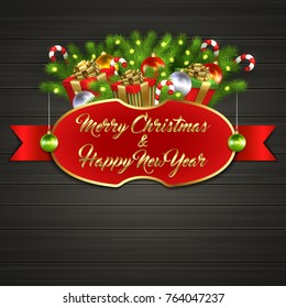 Christmas card with gift boxes with gold ribbon bow, garland, Christmas tree balls, candy sticks, branches of Christmas tree behind red label with greeting text of Merry Christmas and Happy New Year