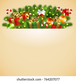 Christmas card with gift boxes with gold ribbon bow, garland, Christmas tree balls, red and white candy sticks and ribbon bows, branches of a Christmas tree