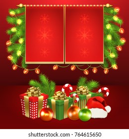 Christmas card with gift boxes with gold ribbon bow, garland, Christmas tree balls, Santa cap, candy sticks and branches of a Christmas tree. Christmas illustration with celebratory elements