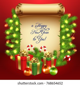Christmas card with gift boxes with gold ribbon bow, garland, Christmas tree balls, old scroll, candy sticks and branches of Christmas tree. Christmas illustration with Happy New Year text