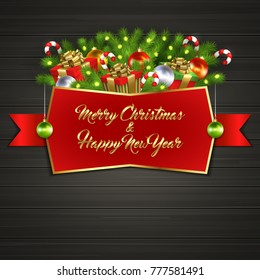 Christmas card with gift boxes with gold ribbon bow, garland, Christmas tree balls, candy sticks, branches of Christmas tree behind red label with greeting text of Merry Christmas and Happy New Year