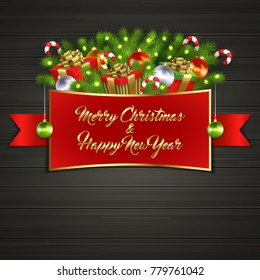 Christmas card with gift boxes with gold ribbon bow, garland, Christmas tree balls, candy sticks, branches of Christmas tree behind red label with greeting text of Merry Christmas and Happy New Year