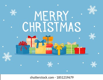 Christmas card with gift boxes. Greeting new year party card. Present boxes winter holiday season. Surprise postcard vector illustration.