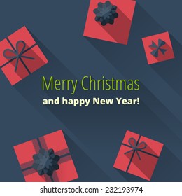 Tarjeta navideña con cajas de regalo. Saludo navideño con regalos de estilo plano con una gran sombra. ¡Feliz Navidad y feliz Año Nuevo!