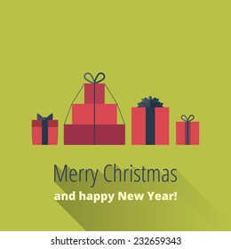 Christmas card with gift boxes. Christmas greeting with presents in flat style with long shadow. Merry Christmas and happy New Year!