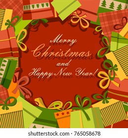 Christmas card with gift boxes .  Christmas illustration with Happy New Year text.