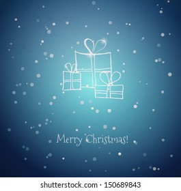 Christmas card with gift boxes on blue background. Vector illustration. 