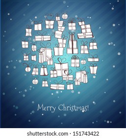Christmas card with gift boxes on blue background. Vector illustration. 