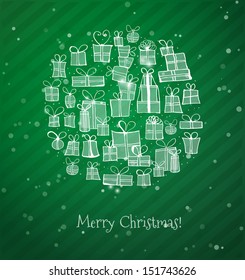 Christmas card with gift boxes on green background. Vector illustration. 