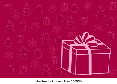 Christmas card with gift boxes on the red background. Holiday banner with christmas pattern and copy space. Line art design for advertising, banner, poster, board and print. Stock vector illustration