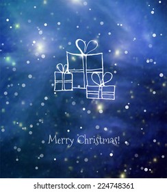 Christmas card with gift boxes on blurred glowing background. Elements of this image furnished by NASA. 