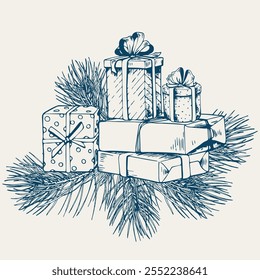 Christmas card with gift boxes and pine branches. Hand drawn vector illustration.