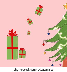 
Weihnachtskarte mit Geschenkbox und Weihnachtsbaum auf rosafarbenem Hintergrund. Vektorgrafik für fröhliche Weihnachten. Frohe Weihnachtskarte.