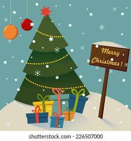 Christmas card with gift boxes, christmas tree