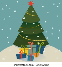 Christmas card with gift boxes, christmas tree