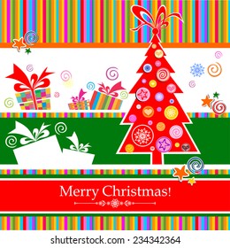 Christmas card. Gift boxes under christmas tree. Vector Illustration