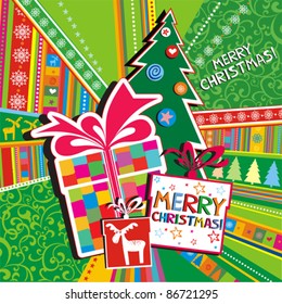 Christmas card. Gift boxes under christmas tree. Vector Illustration