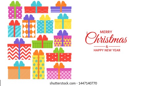Christmas card with gift boxes. Vector. Happy greeting background. New year design. Holiday decoration poster. Creative template. Cartoon flat illustration. Wrapped present with bows, ribbons.