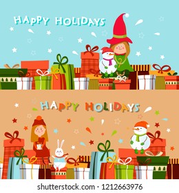 Christmas card with gift boxes.Vector illustration.
