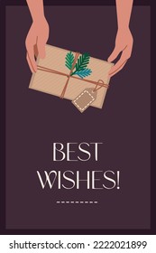Christmas card with a gift in the hands in flat style and the lettering best wishes