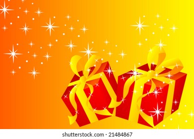 Christmas card with gift on red and yellow background - Scrapbook useful