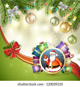 Christmas card with gift and Santa