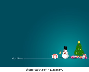 christmas card with gift, snowman ant the christmas tree