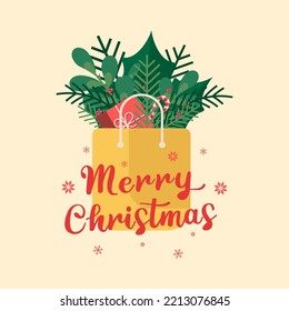 Christmas card with a gift and a Christmas tree branch. Merry Christmas lettering. Vector graphics in flat style