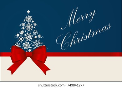 Christmas card.  Gift Card With White Snowflake Christmas tree And Red Bow. 
