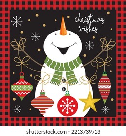 Christmas card, giftbag or box design with cute snowman and baubles