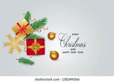 Christmas card, gifts and balls, space for text, red and golden colors