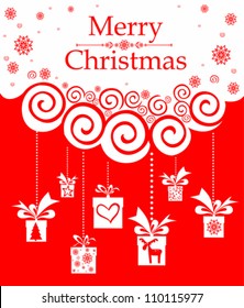 Christmas card. Gifts box on red background. Vector Illustration