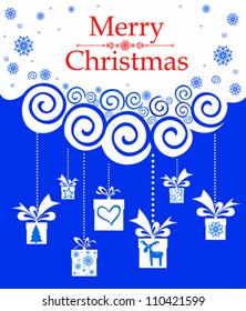 Christmas card. Gifts box on blue background. Vector Illustration