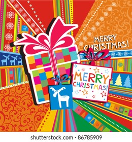 Christmas card. gifts box on colorful background. Vector Illustration