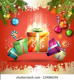 Christmas card with gifts box over red background