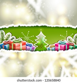 Christmas card with gifts box and pine tree