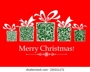 Christmas card. gifts box with ribbon. Vector Illustration