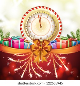 Christmas card, with gifts and clock
