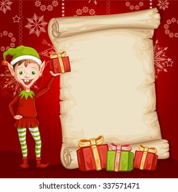 Christmas card with gifts and an elf