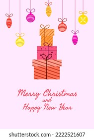 Christmas card with gifts in the form of wrapped boxes, garlands and Christmas toys. poster for greetings or invitations. Vector illustration of the postcard