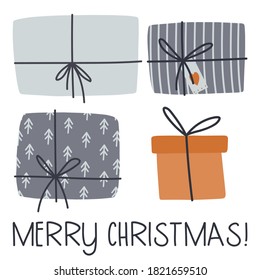 Christmas card with gifts. Merry christmas. Vector illustration for card, poster, invitation, gift tag, sticker. Flat style. Hygge winter art.