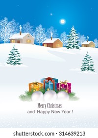 Christmas card with gifts on the background of nature.