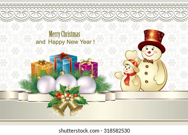 Christmas card with gifts on the background of snowmen