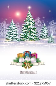 Christmas card with gifts on the background of nature.